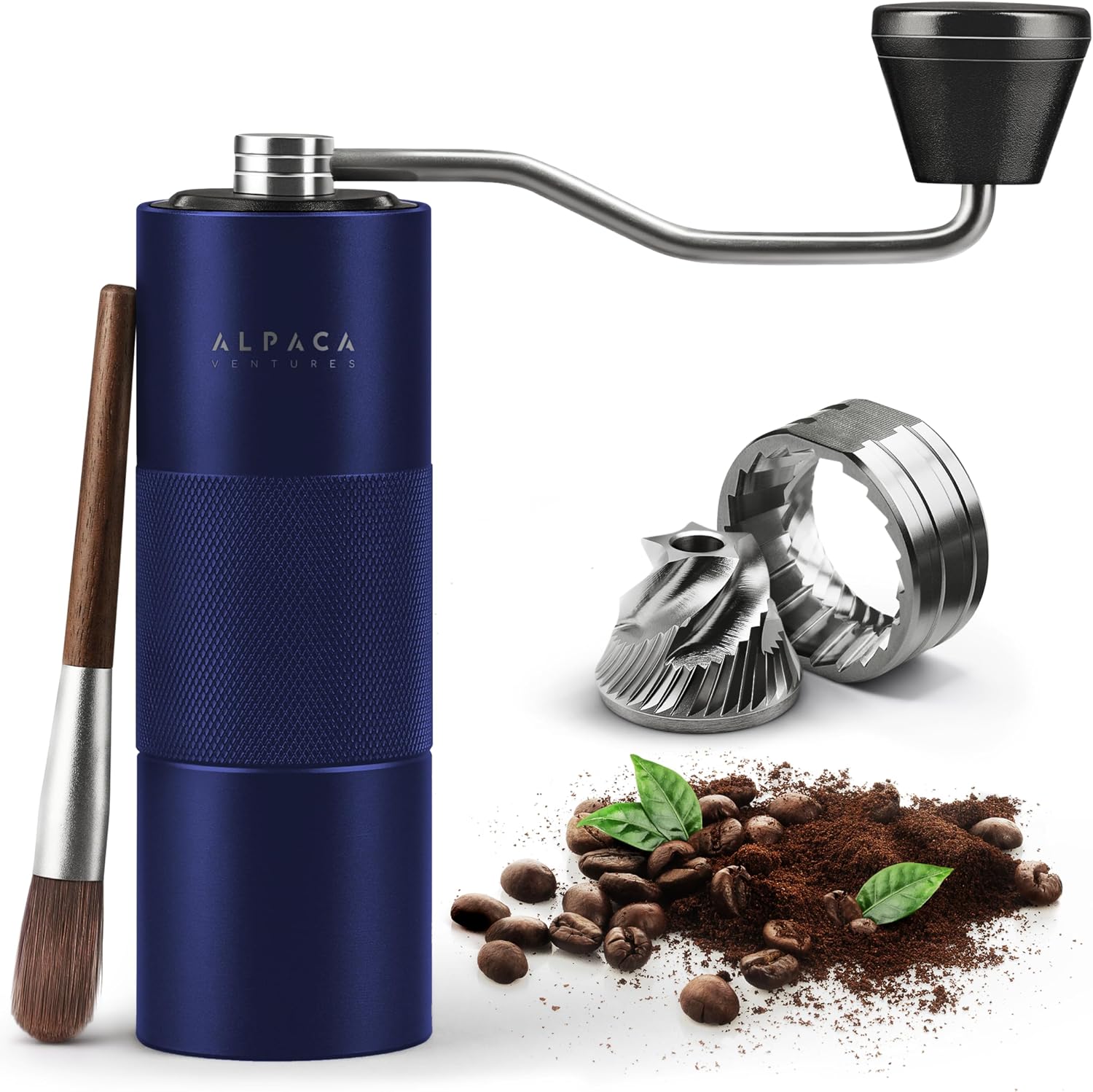 Medieval Blue metallic Alpaca manual coffee grinder with cleaning brush, conical burr set and coffee beans